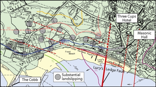 3. Map of Lyme Regis town showing incidence of substantial landslipping and geological faults - including Lucy’s Ledge Fault. Data abstracted from 1. © West Dorset District Council and High Point Rendel. Reproduced with permission.